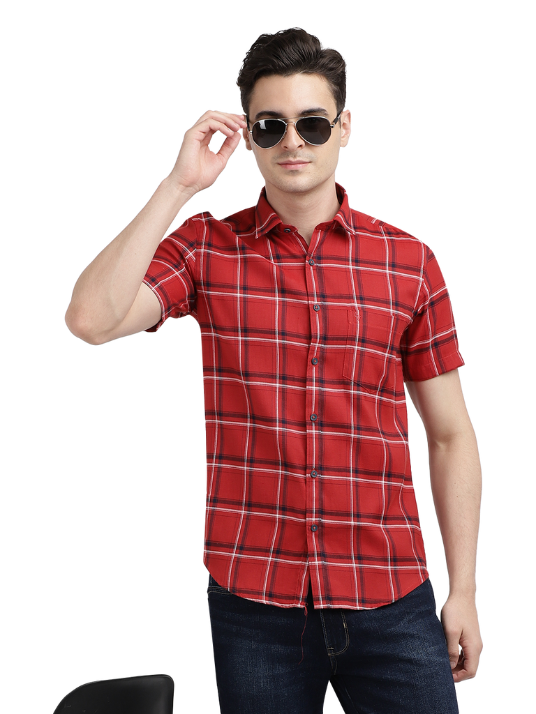 Model wearing Clarke Gable's Red With Black Checked Casual Shirt in a casual setting