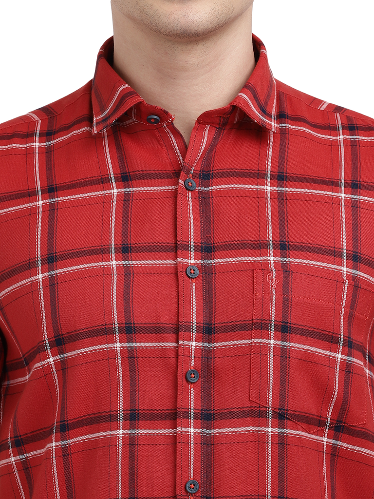 Model wearing Clarke Gable's Red With Black Checked Casual Shirt in a casual setting