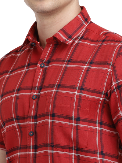 Model wearing Clarke Gable's Red With Black Checked Casual Shirt in a casual setting