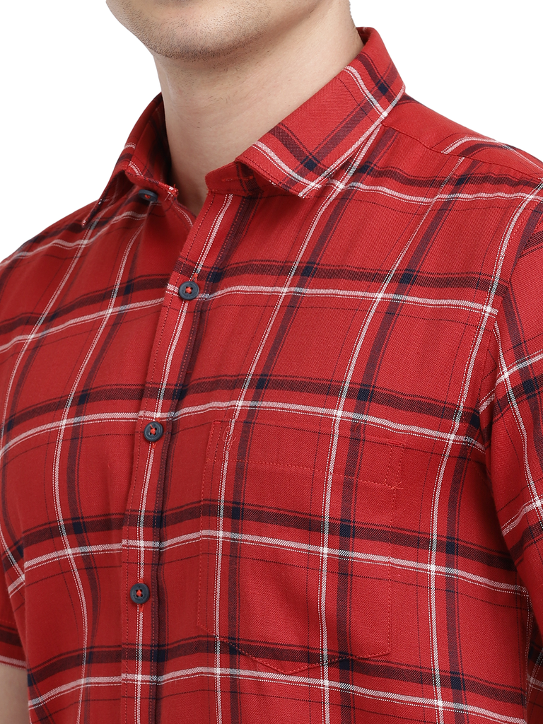 Model wearing Clarke Gable's Red With Black Checked Casual Shirt in a casual setting