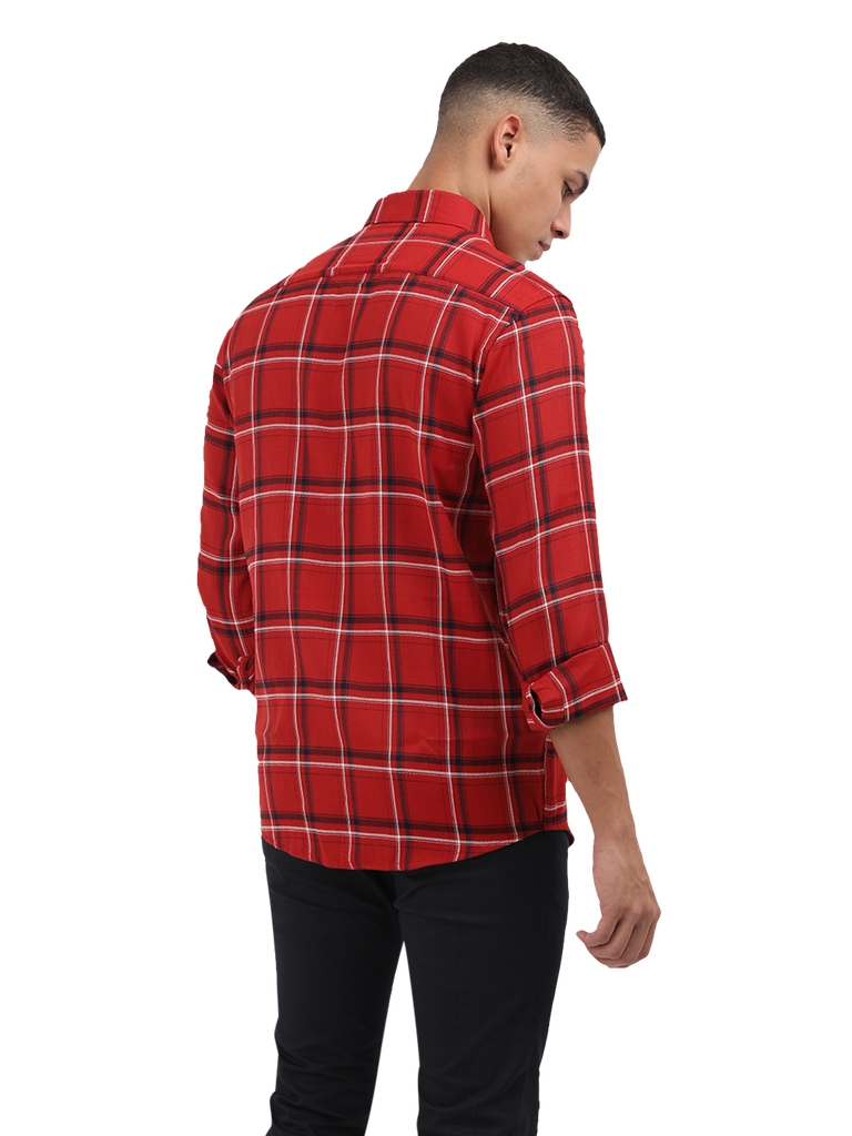 Model wearing Clarke Gable's Red With Black Checked Semi Casual Shirt in a casual setting