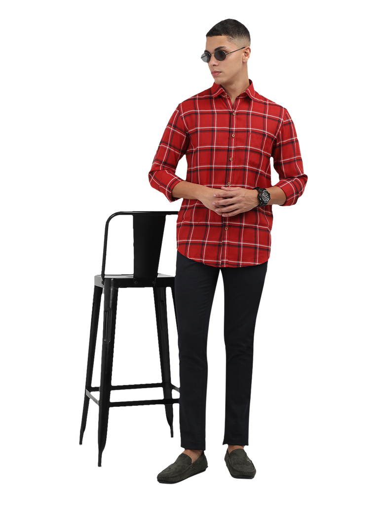 Model wearing Clarke Gable's Red With Black Checked Semi Casual Shirt in a casual setting