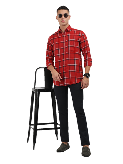 Model wearing Clarke Gable's Red With Black Checked Semi Casual Shirt in a casual setting