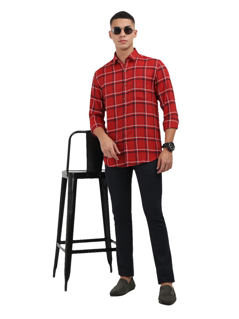 Model wearing Clarke Gable's Red With Black Checked Semi Casual Shirt in a casual setting