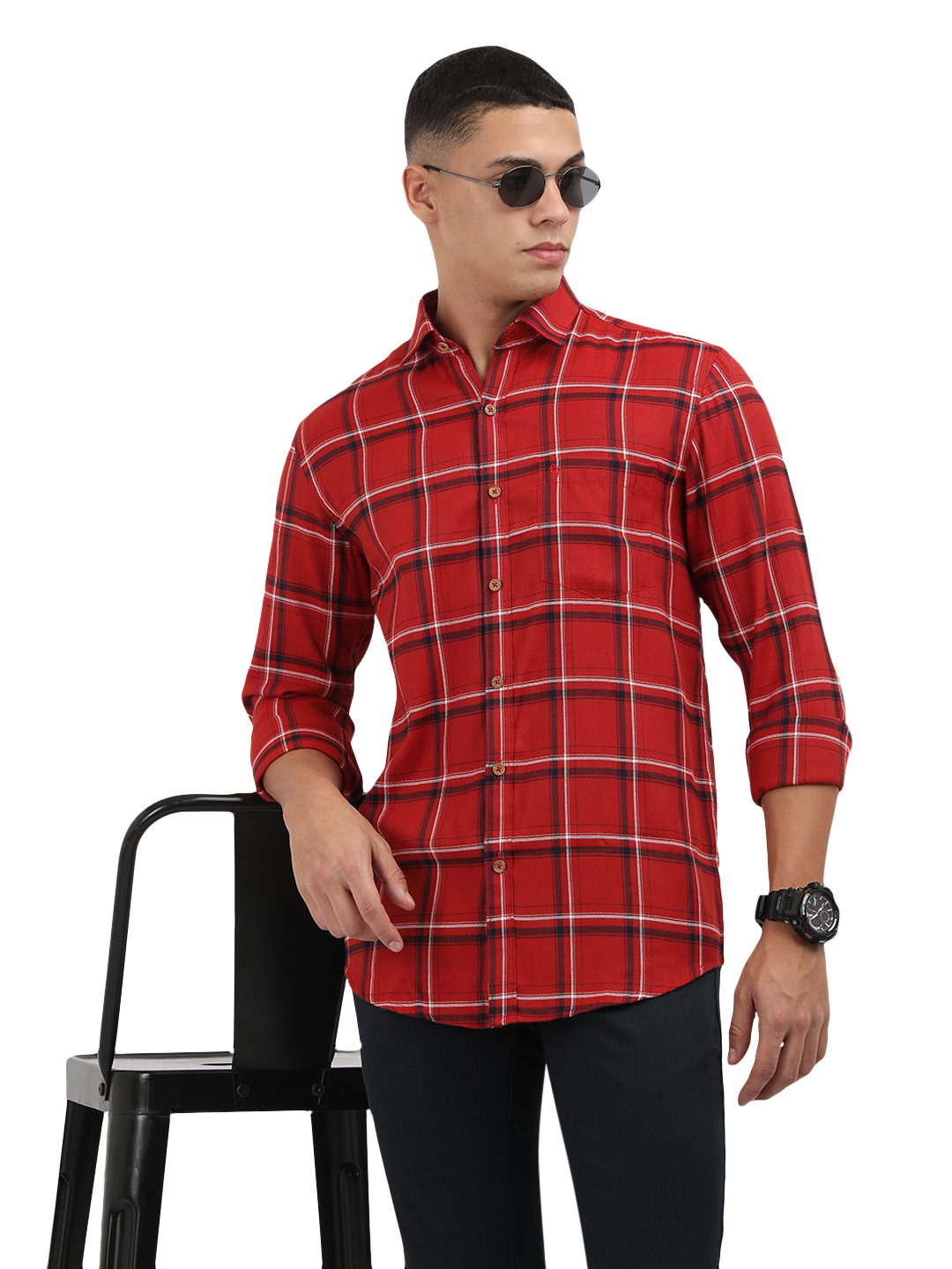 Model wearing Clarke Gable's Red With Black Checked Semi Casual Shirt in a casual setting