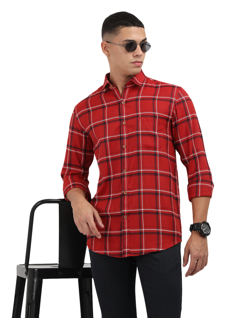 Model wearing Clarke Gable's Red With Black Checked Semi Casual Shirt in a casual setting