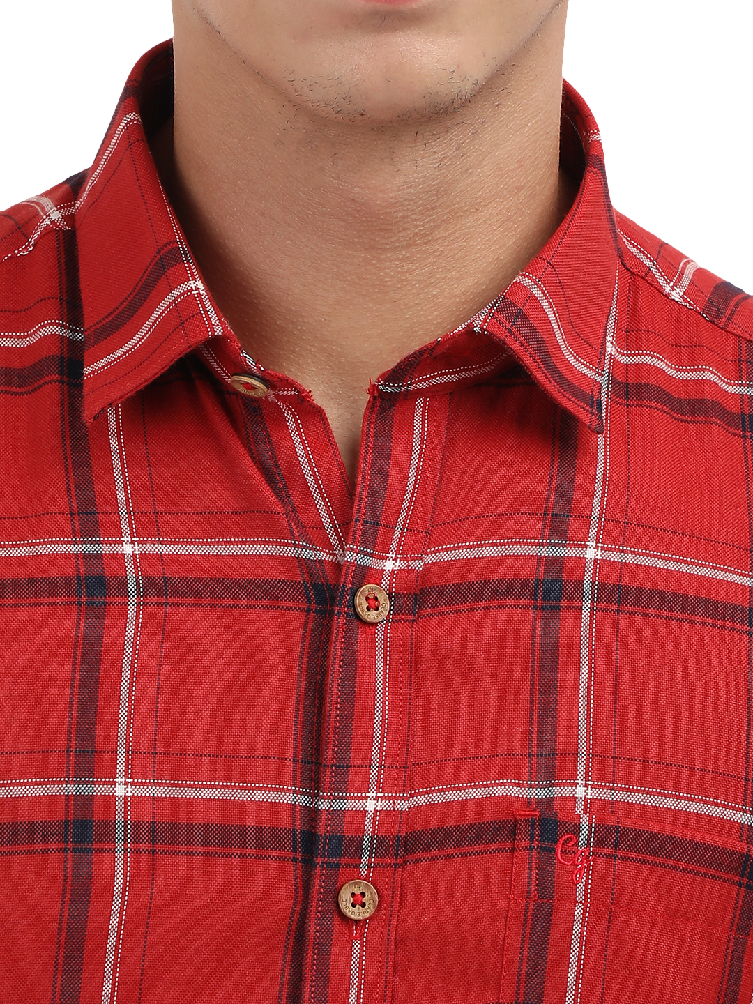 Model wearing Clarke Gable's Red With Black Checked Semi Casual Shirt in a casual setting