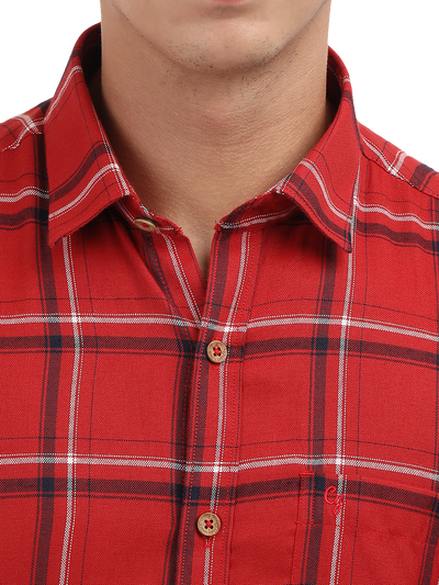 Model wearing Clarke Gable's Red With Black Checked Semi Casual Shirt in a casual setting