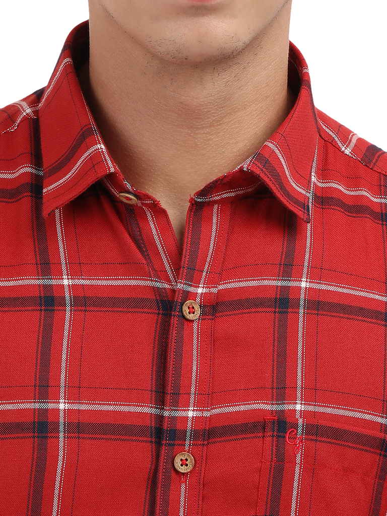 Model wearing Clarke Gable's Red With Black Checked Semi Casual Shirt in a casual setting