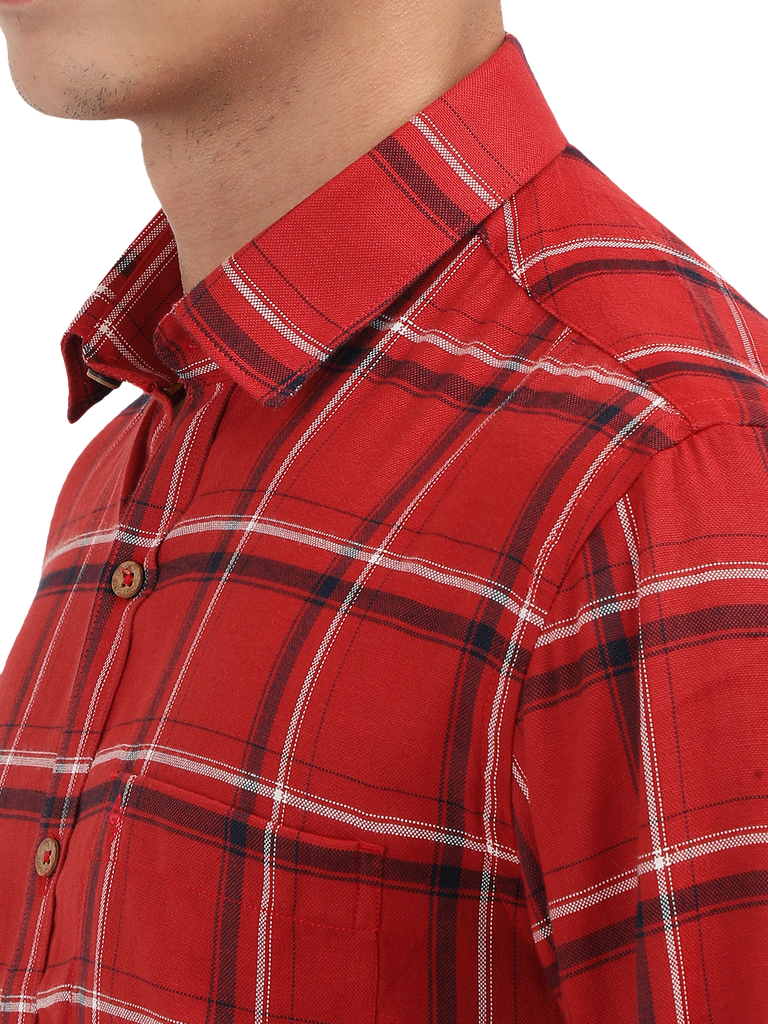 Model wearing Clarke Gable's Red With Black Checked Semi Casual Shirt in a casual setting