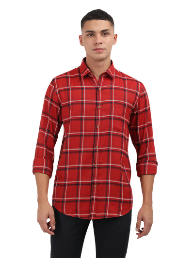 Model wearing Clarke Gable's Red With Black Checked Semi Casual Shirt in a casual setting