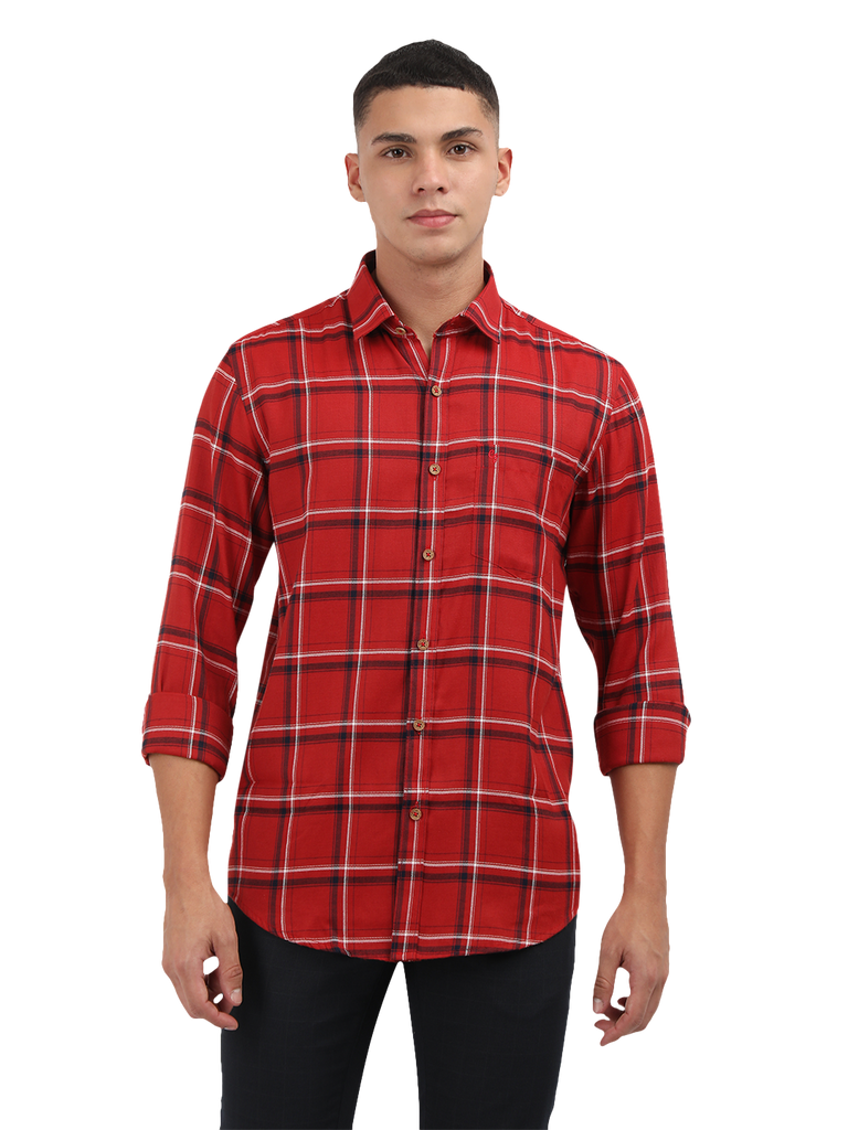 Model wearing Clarke Gable's Red With Black Checked Semi Casual Shirt in a casual setting