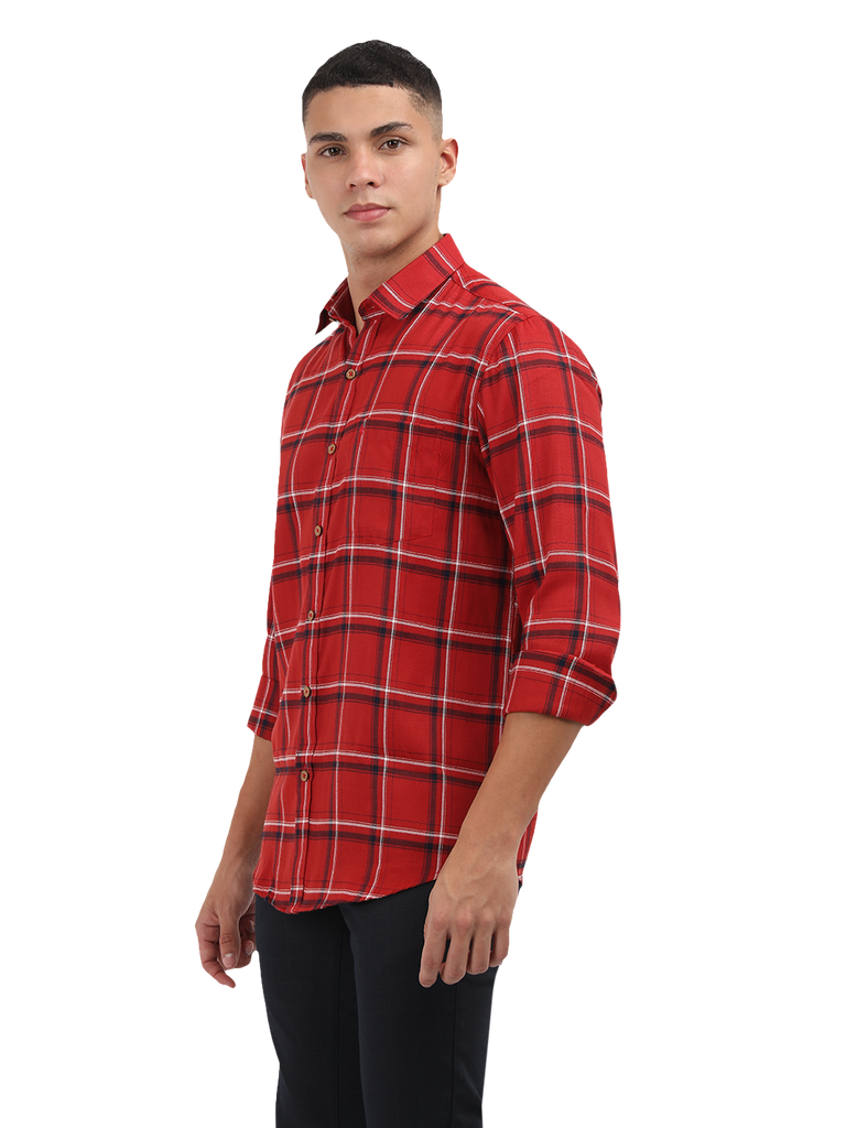 Model wearing Clarke Gable's Red With Black Checked Semi Casual Shirt in a casual setting