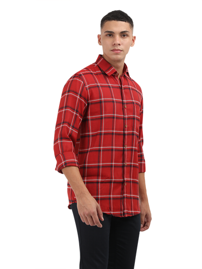 Model wearing Clarke Gable's Red With Black Checked Semi Casual Shirt in a casual setting