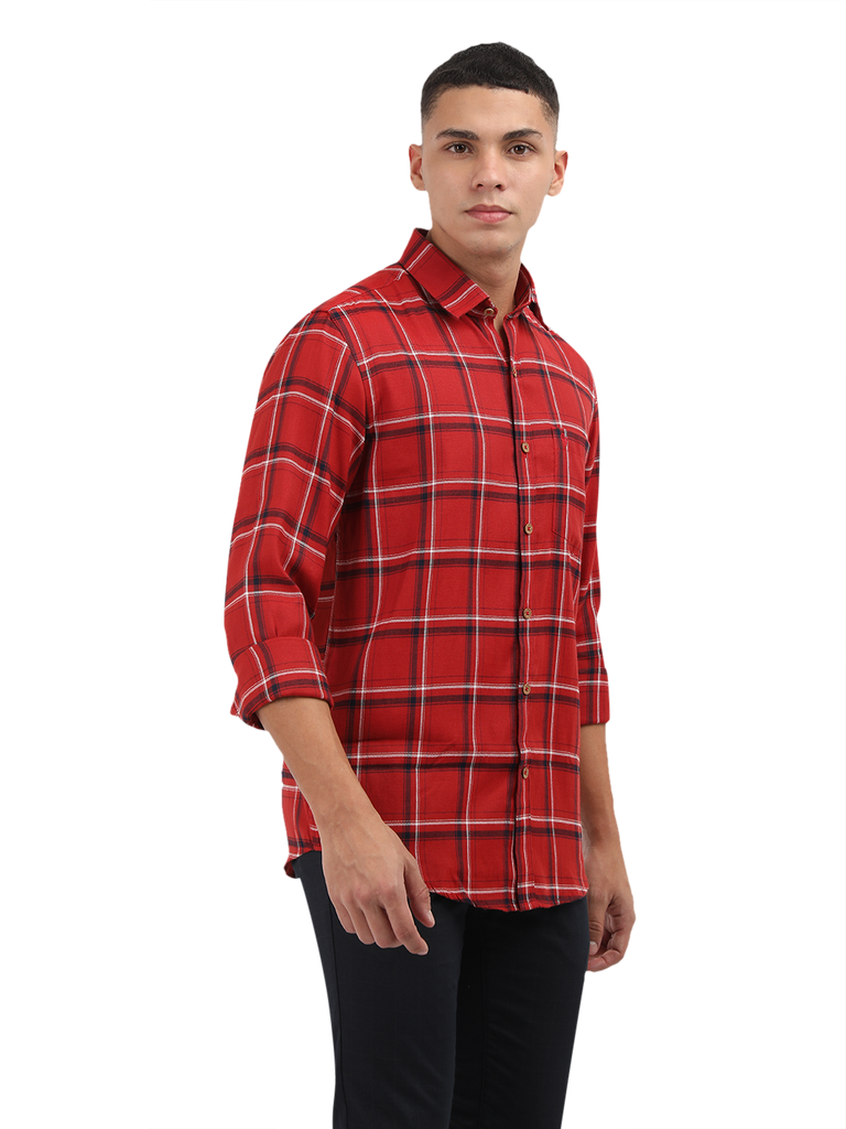 Model wearing Clarke Gable's Red With Black Checked Semi Casual Shirt in a casual setting