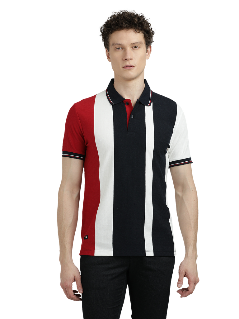 Model wearing Clarke Gable's Red With Black Striped Polo Collar T-Shirt in a casual setting