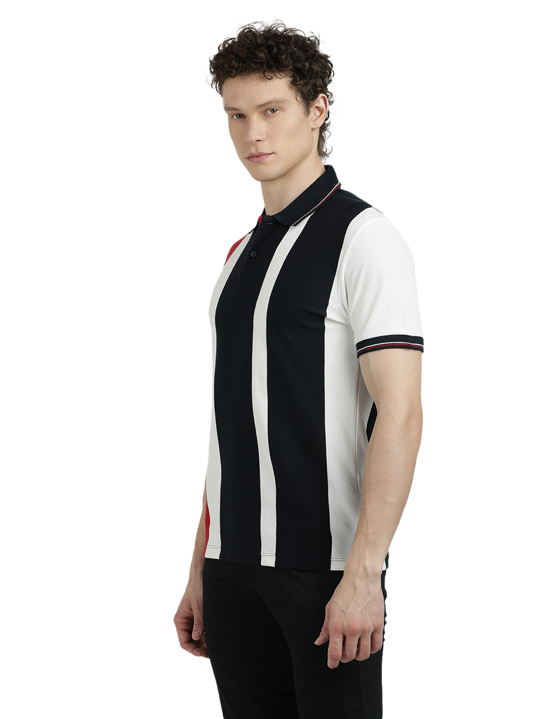 Model wearing Clarke Gable's Red With Black Striped Polo Collar T-Shirt in a casual setting