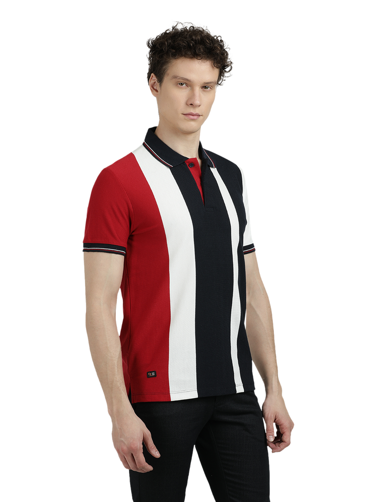 Model wearing Clarke Gable's Red With Black Striped Polo Collar T-Shirt in a casual setting