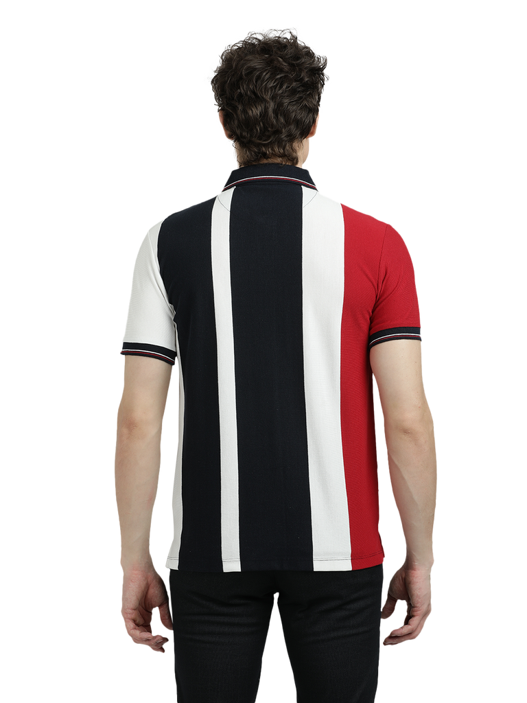 Model wearing Clarke Gable's Red With Black Striped Polo Collar T-Shirt in a casual setting