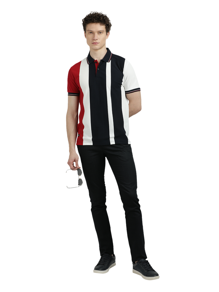 Model wearing Clarke Gable's Red With Black Striped Polo Collar T-Shirt in a casual setting