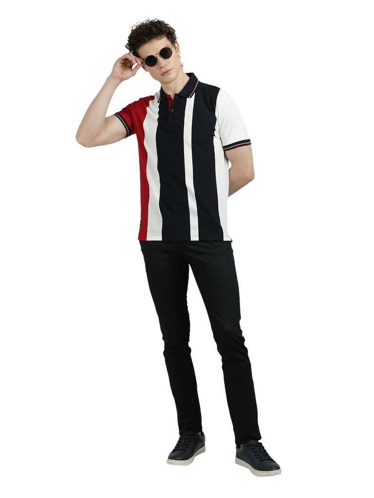 Model wearing Clarke Gable's Red With Black Striped Polo Collar T-Shirt in a casual setting