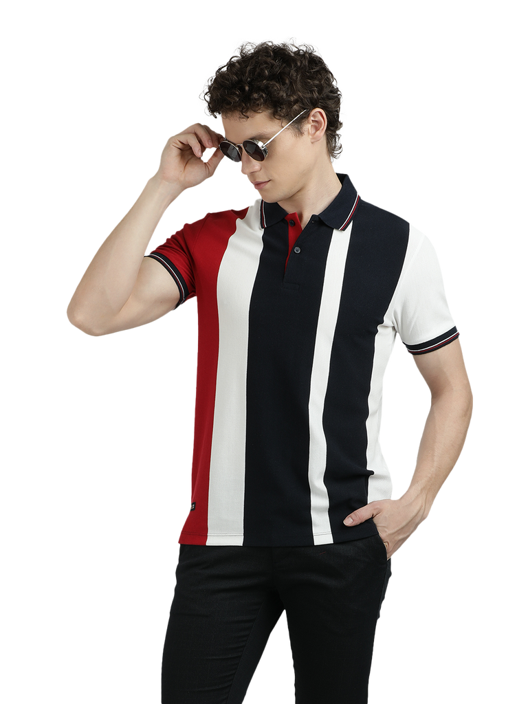 Model wearing Clarke Gable's Red With Black Striped Polo Collar T-Shirt in a casual setting