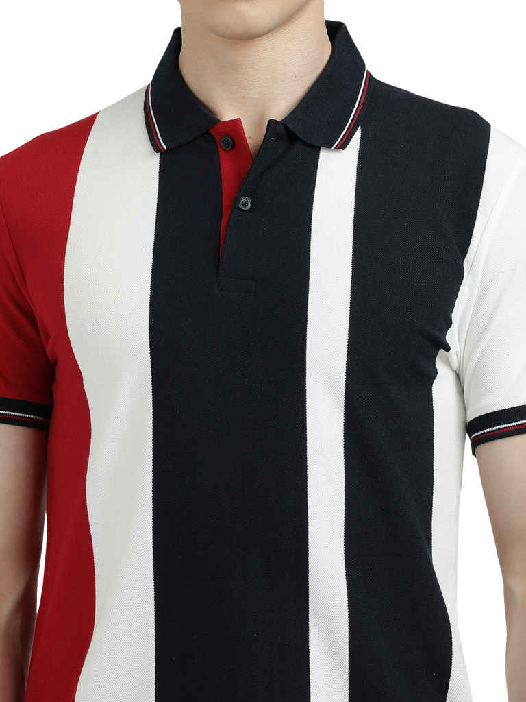 Model wearing Clarke Gable's Red With Black Striped Polo Collar T-Shirt in a casual setting