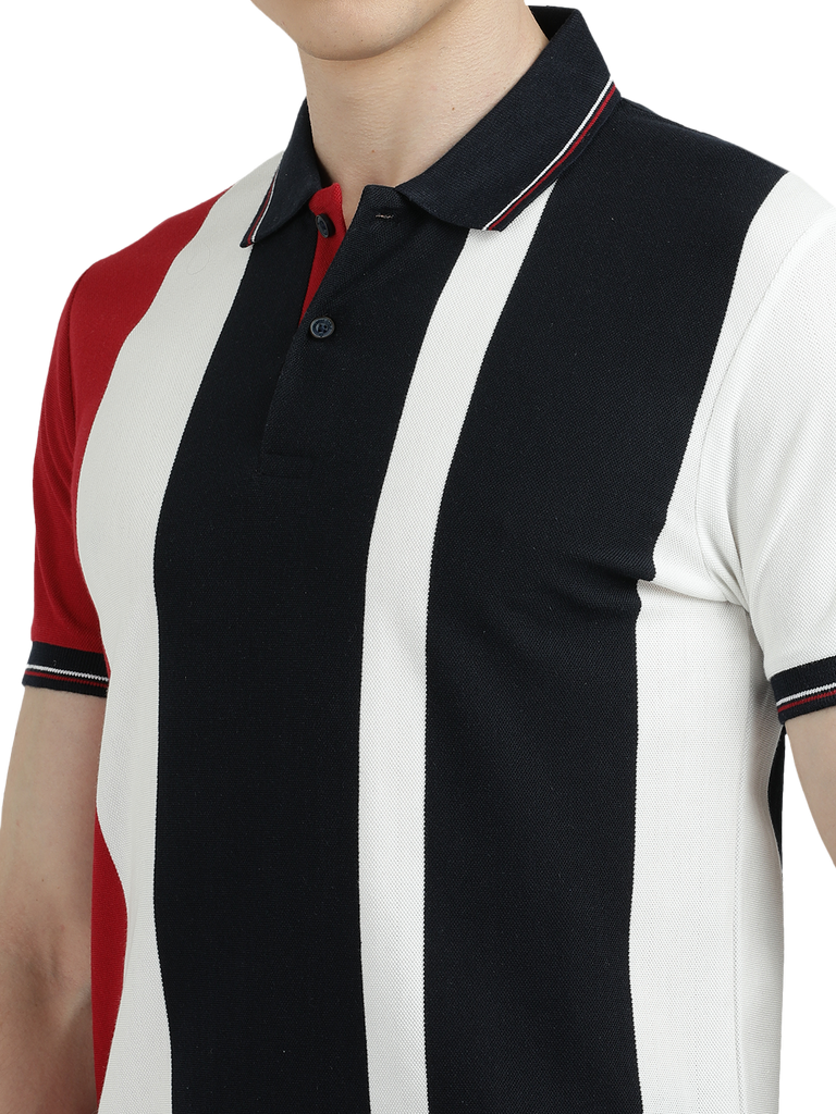 Model wearing Clarke Gable's Red With Black Striped Polo Collar T-Shirt in a casual setting