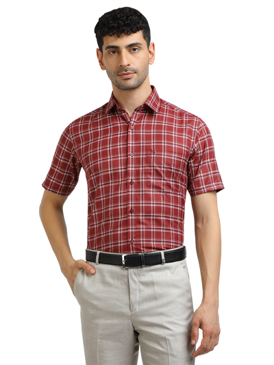 Model wearing Clarke Gable's Red With White Checked Formal Shirt in a casual setting