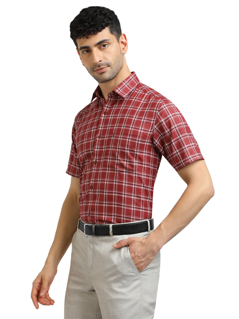 Model wearing Clarke Gable's Red With White Checked Formal Shirt in a casual setting