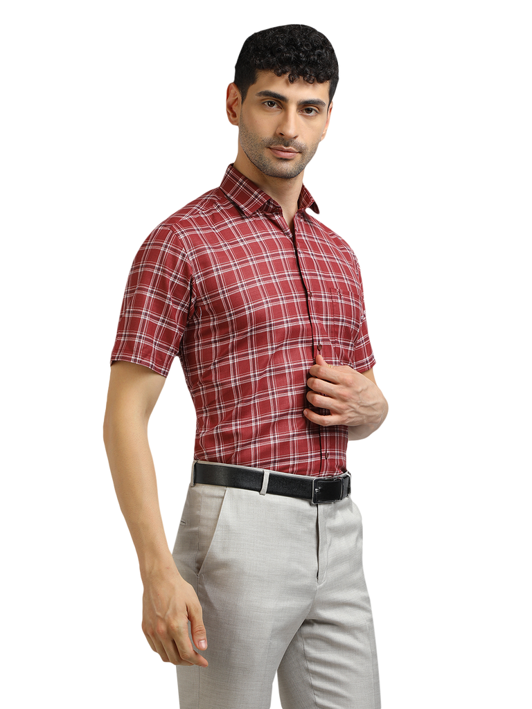 Model wearing Clarke Gable's Red With White Checked Formal Shirt in a casual setting