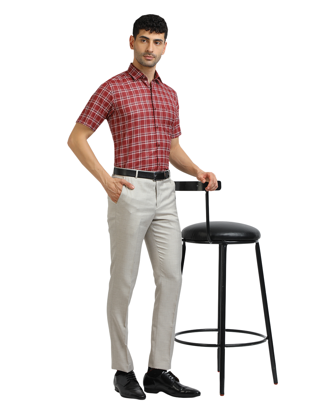 Model wearing Clarke Gable's Red With White Checked Formal Shirt in a casual setting