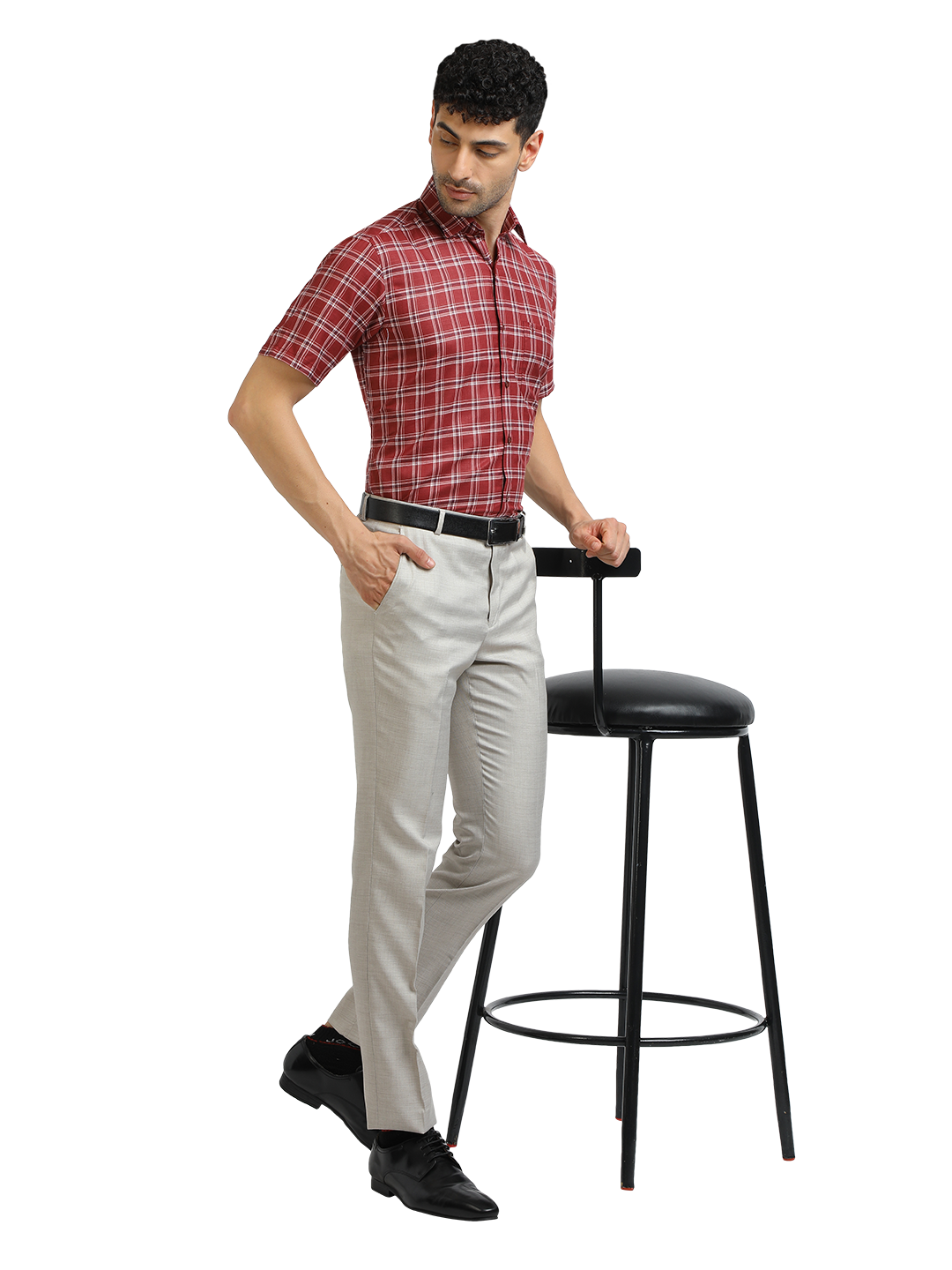 Model wearing Clarke Gable's Red With White Checked Formal Shirt in a casual setting