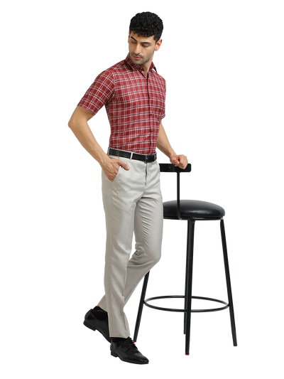 Model wearing Clarke Gable's Red With White Checked Formal Shirt in a casual setting