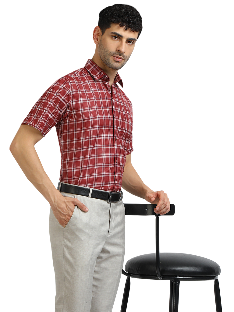 Model wearing Clarke Gable's Red With White Checked Formal Shirt in a casual setting