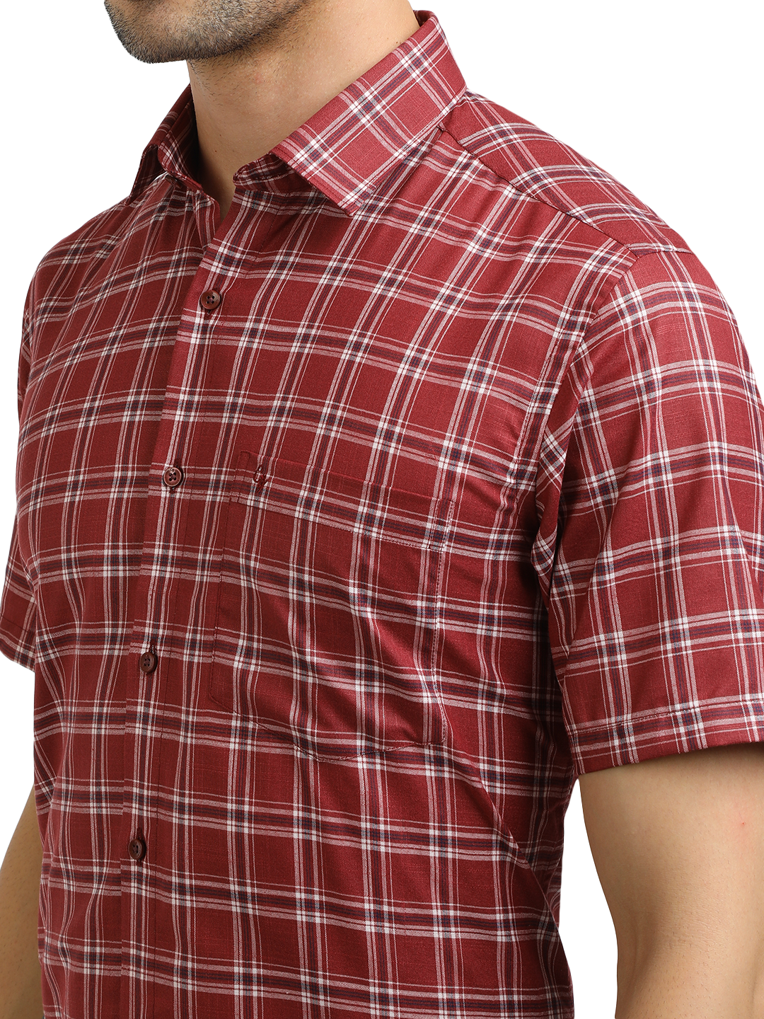 Model wearing Clarke Gable's Red With White Checked Formal Shirt in a casual setting