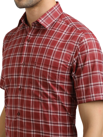 Model wearing Clarke Gable's Red With White Checked Formal Shirt in a casual setting