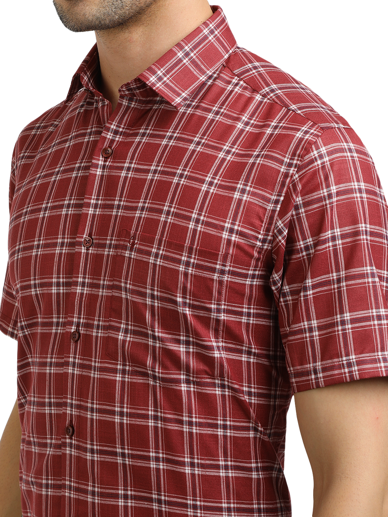 Model wearing Clarke Gable's Red With White Checked Formal Shirt in a casual setting