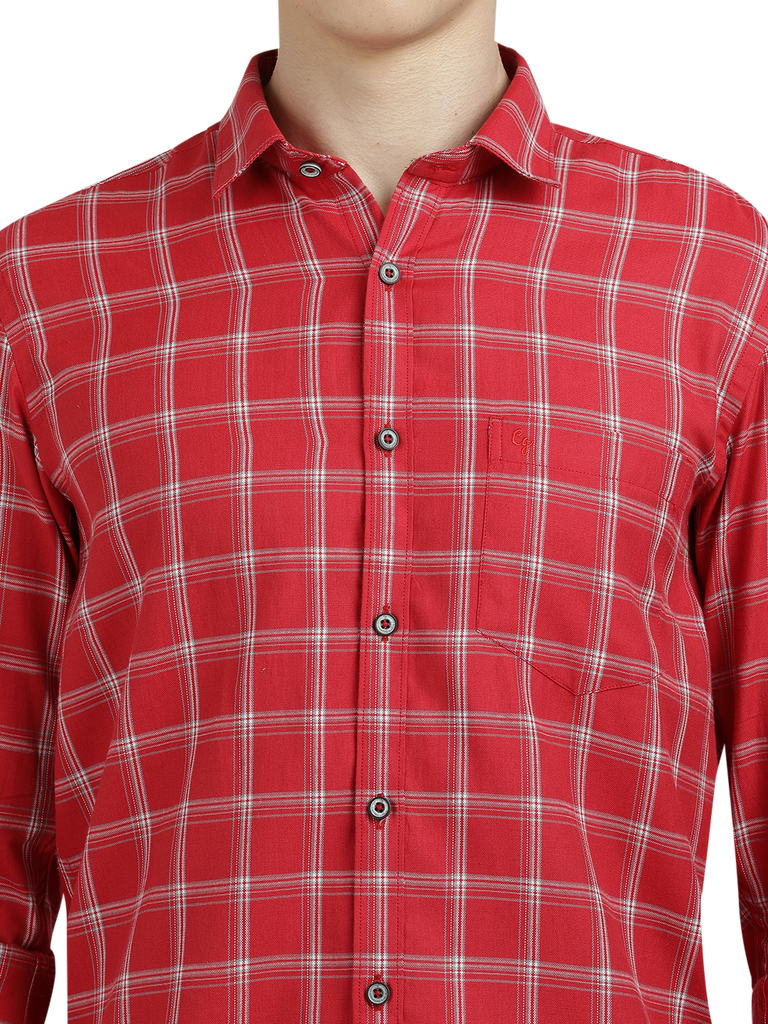 Model wearing Clarke Gable's Red With White Checked Semi Casual Shirt in a casual setting