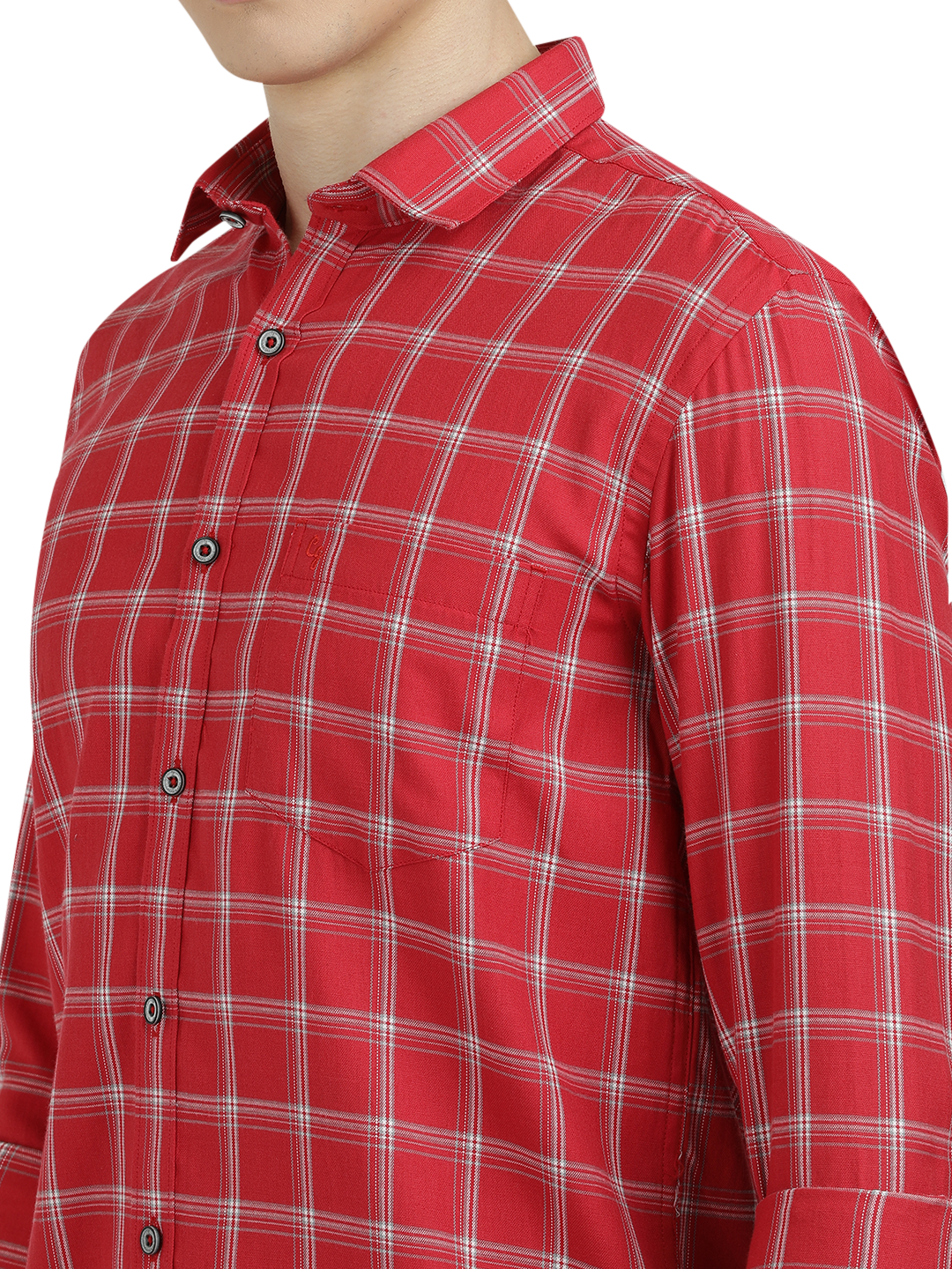 Model wearing Clarke Gable's Red With White Checked Semi Casual Shirt in a casual setting