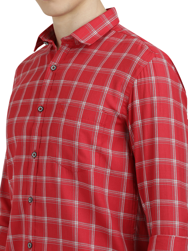 Model wearing Clarke Gable's Red With White Checked Semi Casual Shirt in a casual setting