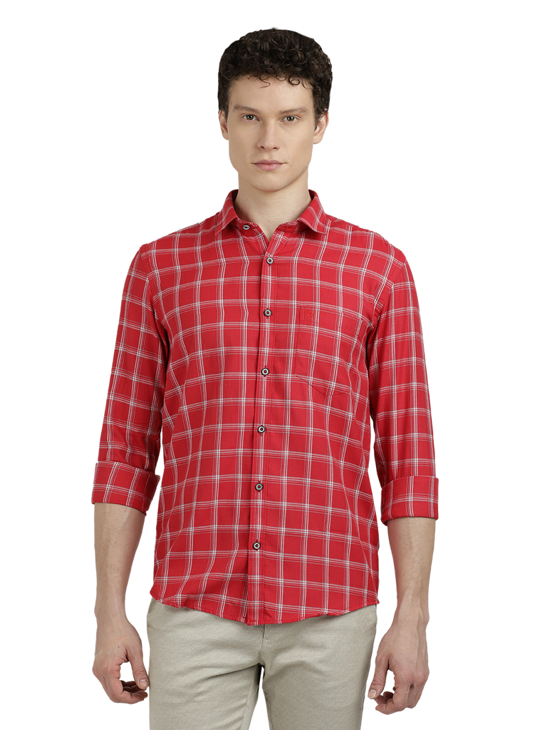 Model wearing Clarke Gable's Red With White Checked Semi Casual Shirt in a casual setting