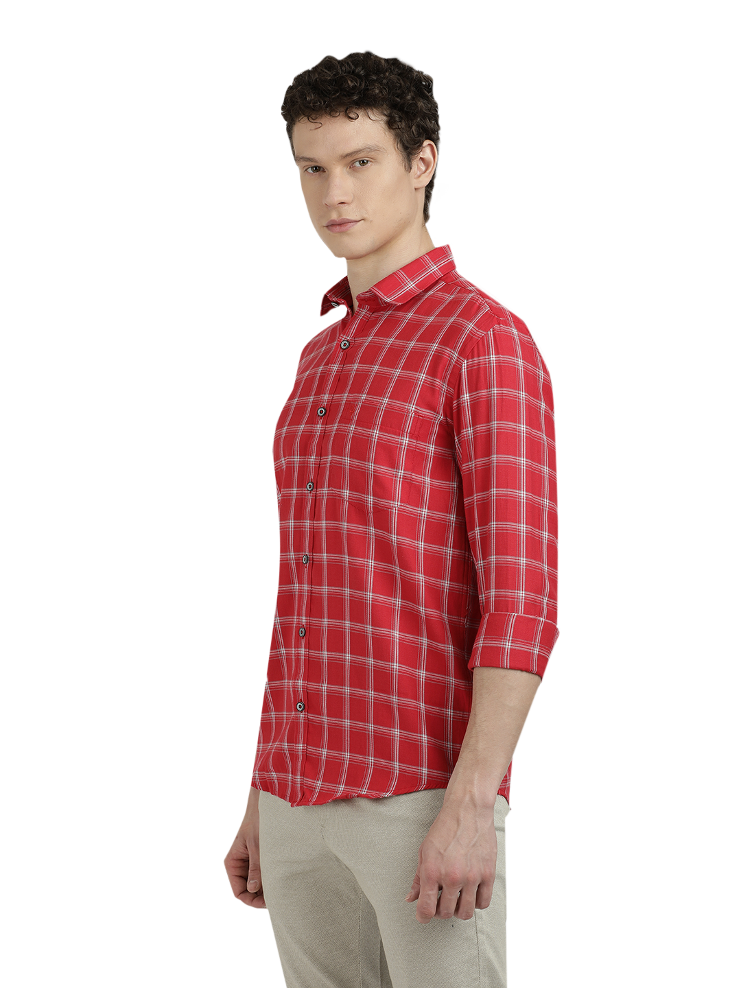 Model wearing Clarke Gable's Red With White Checked Semi Casual Shirt in a casual setting
