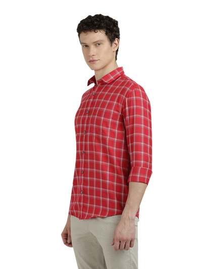 Model wearing Clarke Gable's Red With White Checked Semi Casual Shirt in a casual setting