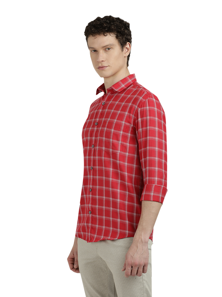 Model wearing Clarke Gable's Red With White Checked Semi Casual Shirt in a casual setting