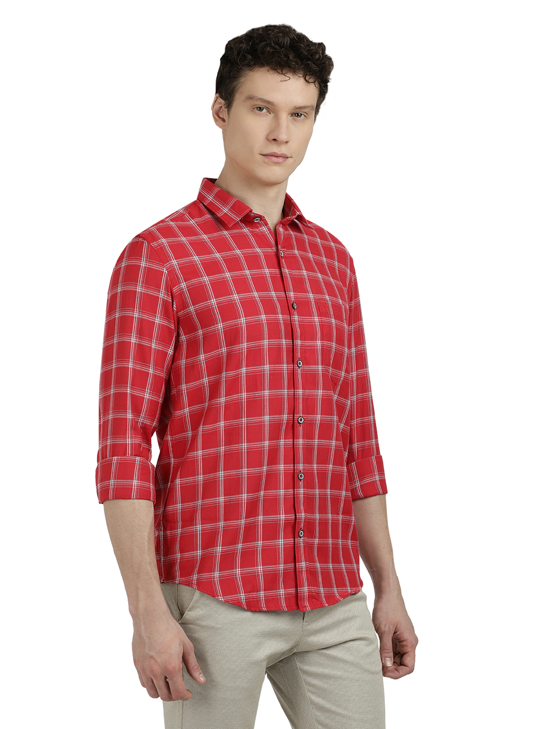 Model wearing Clarke Gable's Red With White Checked Semi Casual Shirt in a casual setting