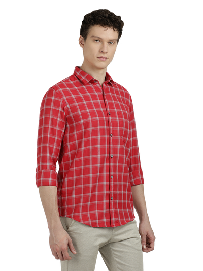Model wearing Clarke Gable's Red With White Checked Semi Casual Shirt in a casual setting