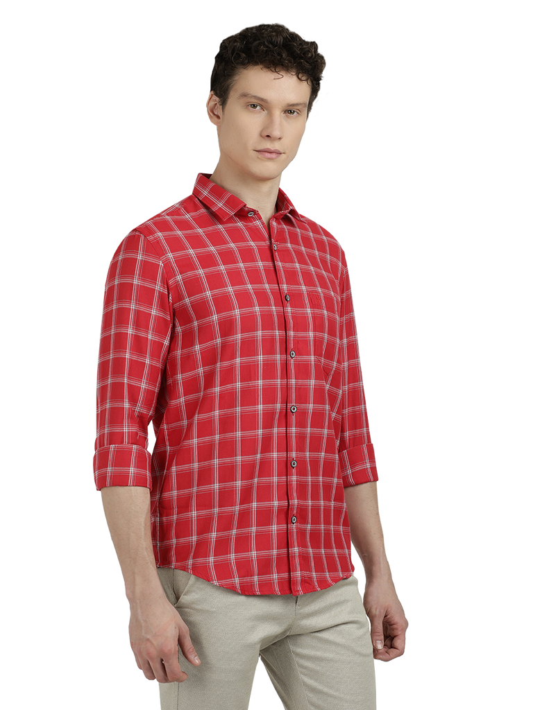 Model wearing Clarke Gable's Red With White Checked Semi Casual Shirt in a casual setting