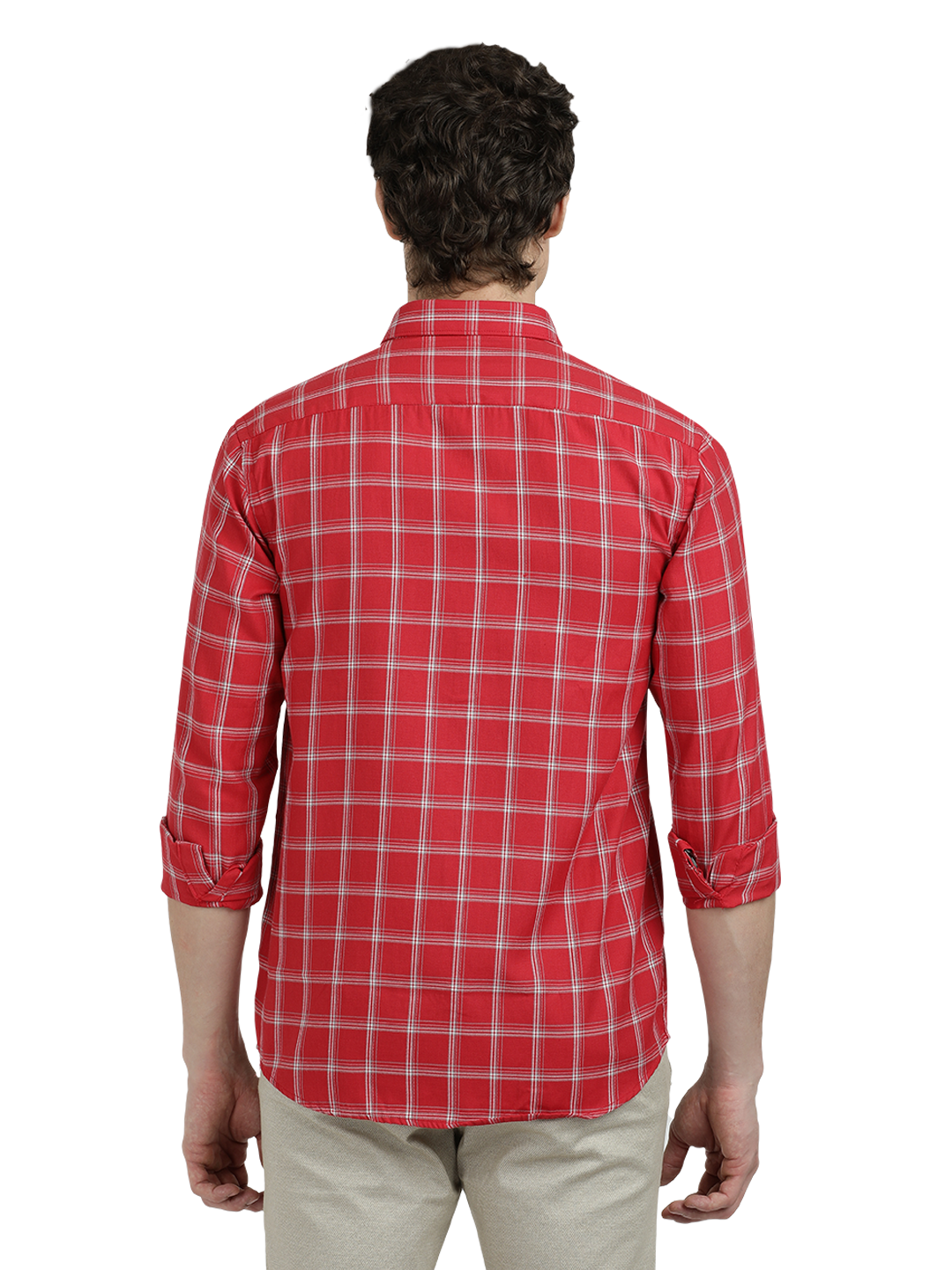 Model wearing Clarke Gable's Red With White Checked Semi Casual Shirt in a casual setting