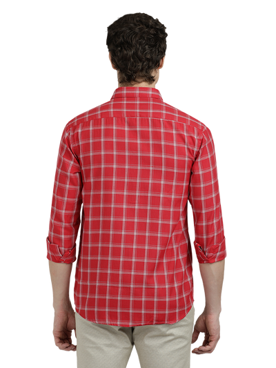 Model wearing Clarke Gable's Red With White Checked Semi Casual Shirt in a casual setting